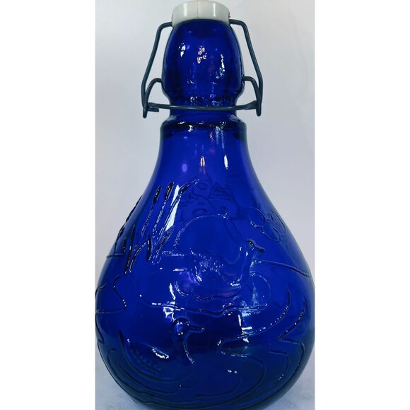 Vtg Italy cobalt Blue Glass jug decanter flip lid Embossed church Horse duck pon - Picture 1 of 7